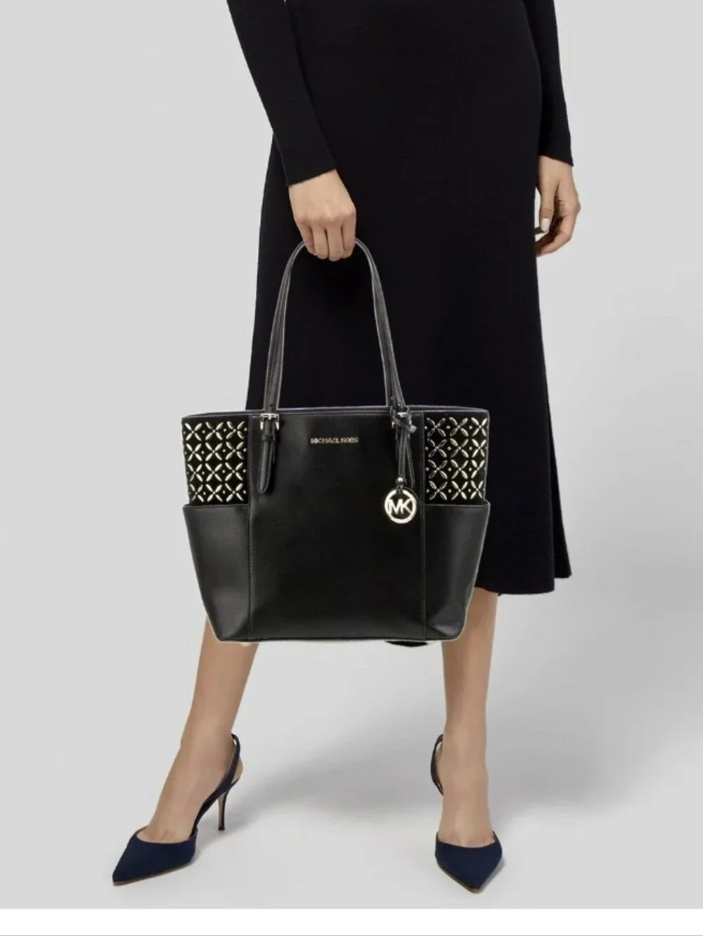 MICHAEL KORS Black Leather Tote with Gold MK Charm EUC